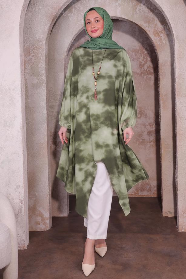 Vêtements hijab KAKI TUNIQUE LONGUE AVEC COLLIER T 0084 - TRENDTESETTÜR