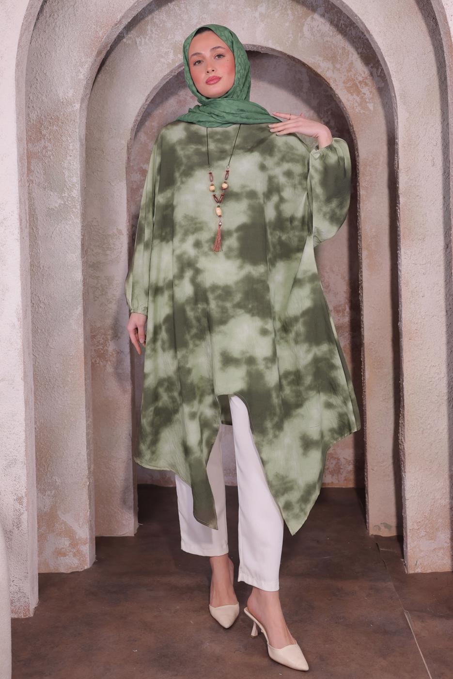 Tesettür giyim HAKİ KOLYELİ UZUN TUNİK T 0084