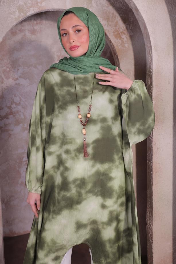 Vêtements hijab KAKI TUNIQUE LONGUE AVEC COLLIER T 0084 - TRENDTESETTÜR