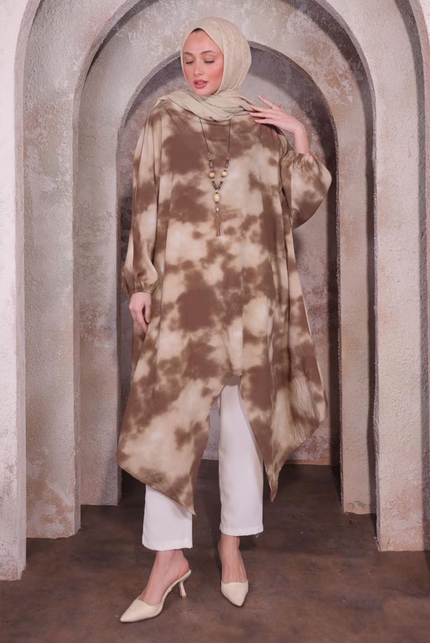 Vêtements hijab BRUN TUNIQUE LONGUE AVEC COLLIER T 0084 - TRENDTESETTÜR