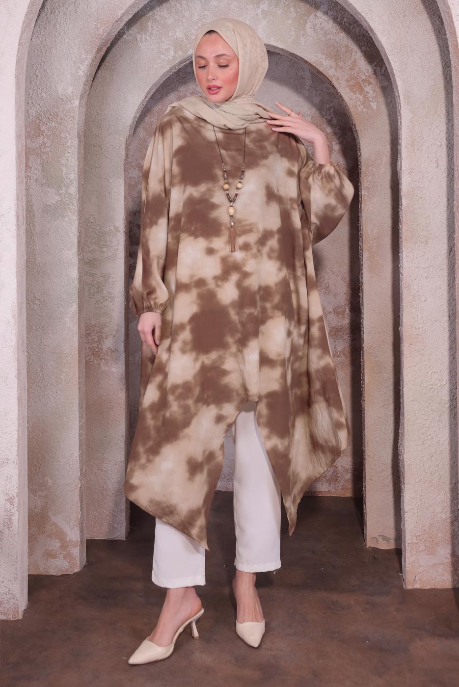 Tesettür giyim KAHVE KOLYELİ UZUN TUNİK T 0084