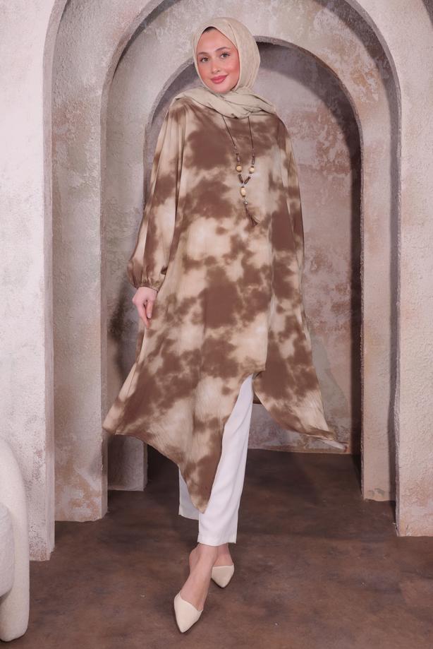 Vêtements hijab BRUN TUNIQUE LONGUE AVEC COLLIER T 0084 - TRENDTESETTÜR