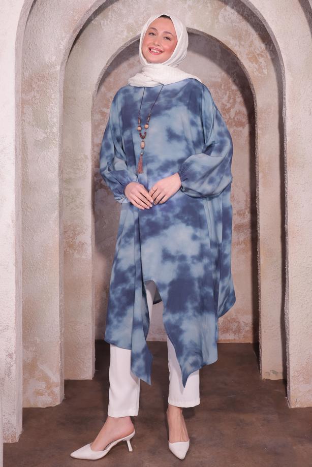 Vêtements hijab BLEU MARINE TUNIQUE LONGUE AVEC COLLIER T 0084 - TRENDTESETTÜR