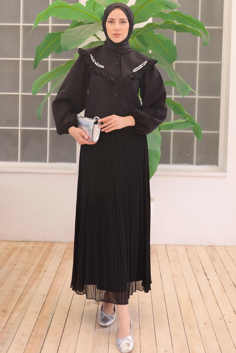 Vêtements hijab NOIR TUNIQUE CHEMISE AVEC BIJOU T 0702