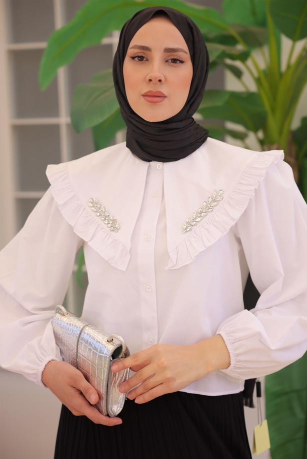 Vêtements hijab BLANC TUNIQUE CHEMISE AVEC BIJOU T 0702 - TRENDTESETTÜR