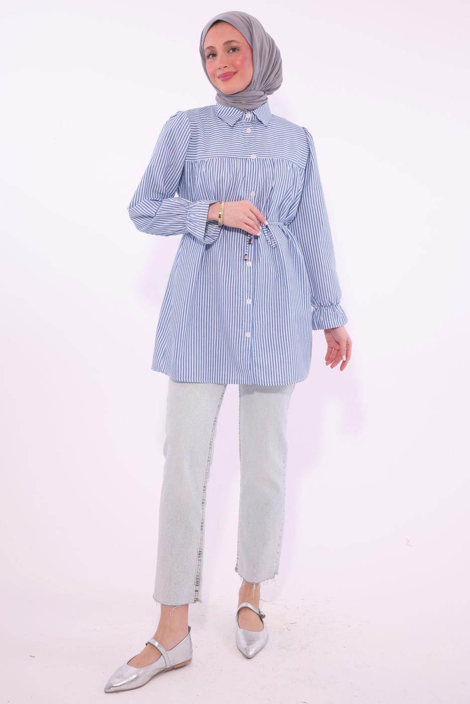 Tesettür giyim MAVİ ÇİZGİLİ GÖMLEK TUNİK T 1084