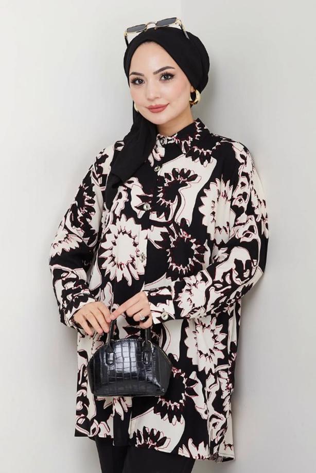 Vêtements hijab NOIR TUNIQUE EN COTON À MOTIFS T 1980 - TRENDTESETTÜR
