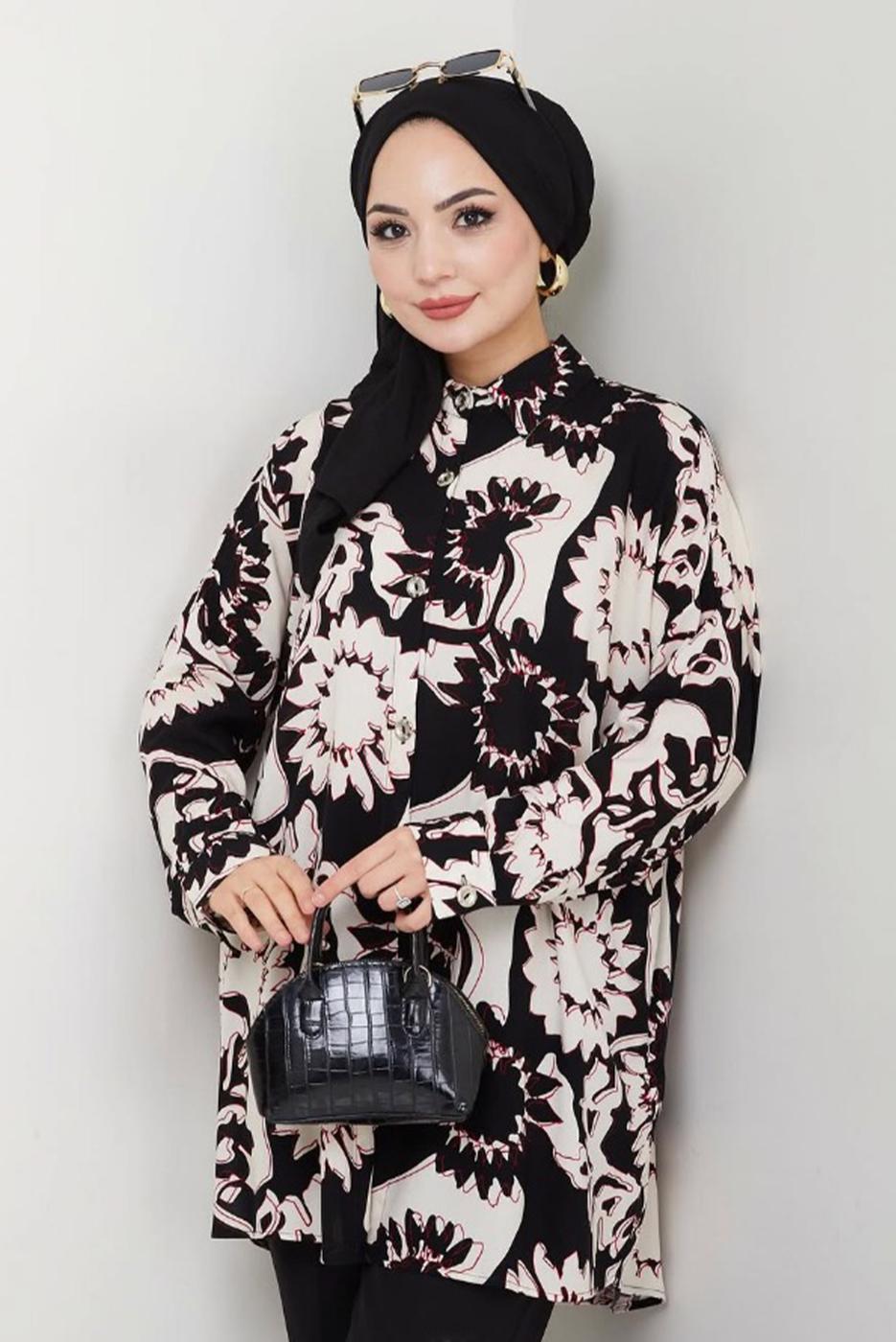 Vêtements hijab NOIR TUNIQUE EN COTON À MOTIFS T 1980