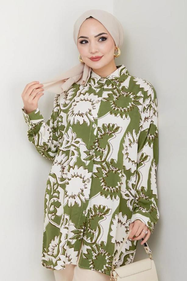 Vêtements hijab VERT TUNIQUE EN COTON À MOTIFS T 1980 - TRENDTESETTÜR