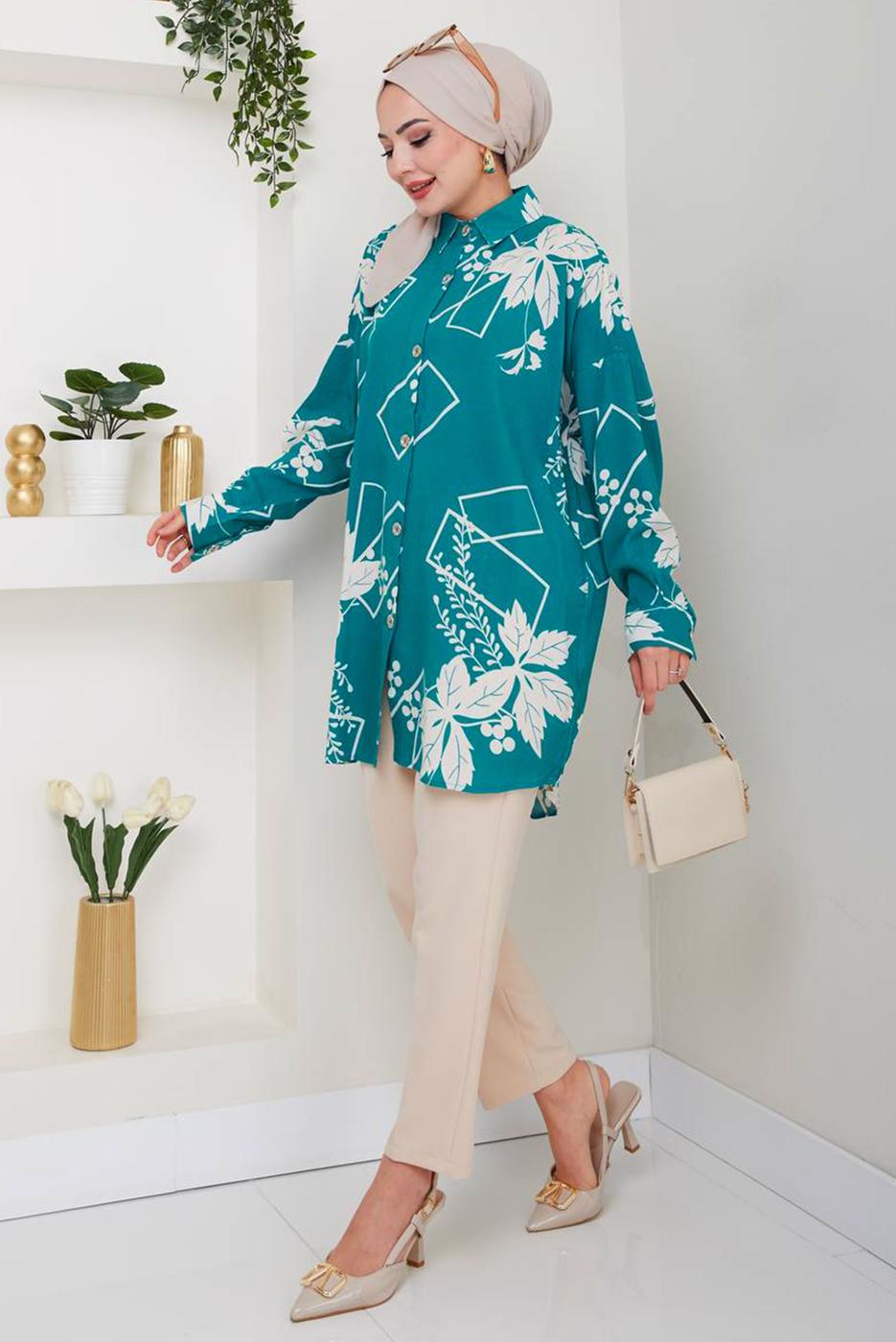 Vêtements hijab BLEU TUNIQUE À MOTIFS EN COTON T 1981