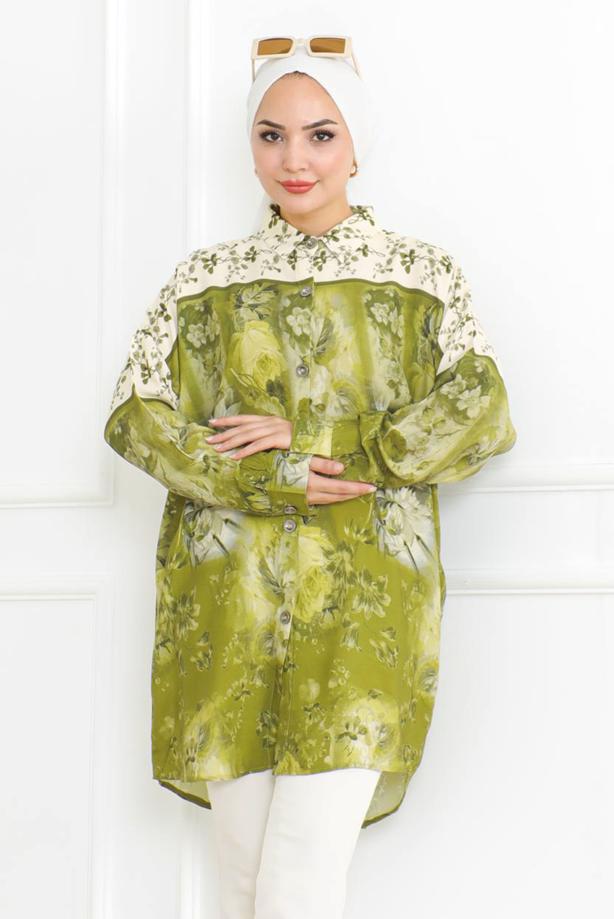 Vêtements hijab VERT TUNIQUE EN COTON À MOTIFS T 1998 - TRENDTESETTÜR