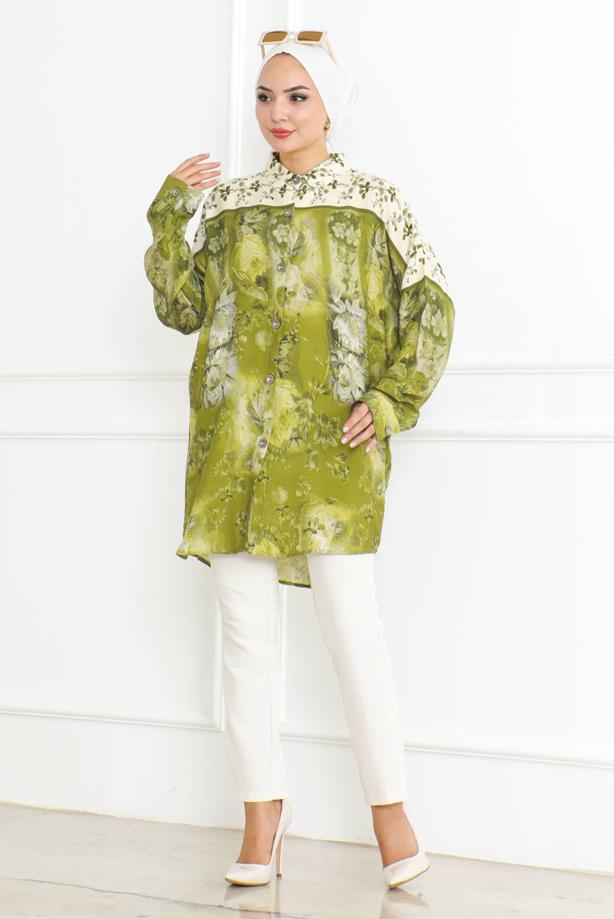 Vêtements hijab VERT TUNIQUE EN COTON À MOTIFS T 1998 - TRENDTESETTÜR