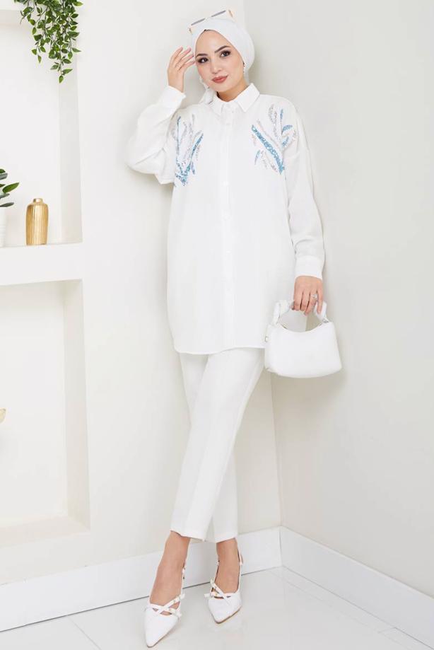 Vêtements hijab CRÈME TUNIQUE À PAILLETTES T 2289 - TRENDTESETTÜR