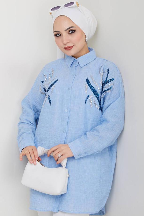 Vêtements hijab BLEU TUNIQUE À PAILLETTES T 2289 - TRENDTESETTÜR
