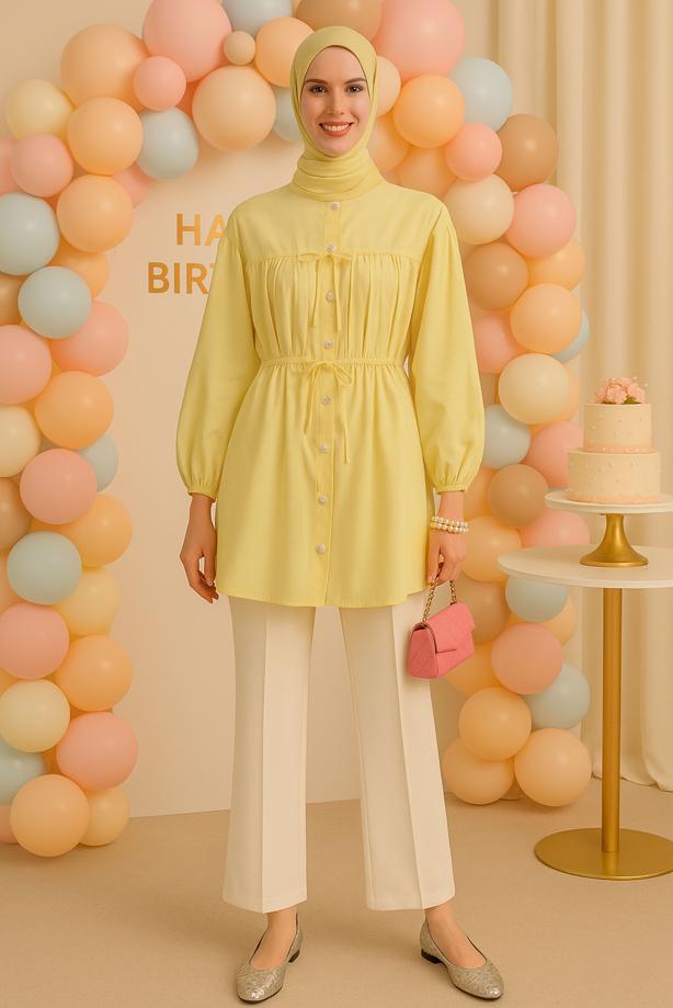Vêtements hijab JAUNE TUNIQUE CHEMISE DÉTAILLÉE À NOUER T 2522 - TRENDTESETTÜR