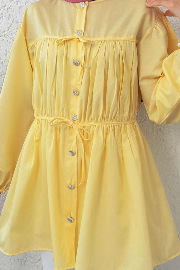 Vêtements hijab JAUNE TUNIQUE CHEMISE DÉTAILLÉE À NOUER T 2522 - TRENDTESETTÜR