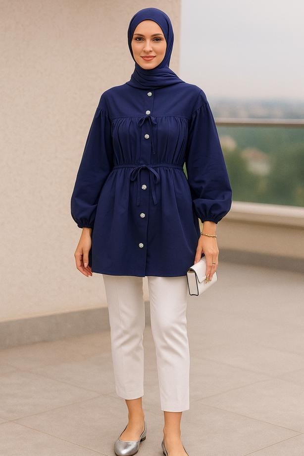 Vêtements hijab BLEU MARINE TUNIQUE CHEMISE DÉTAILLÉE À NOUER T 2522 - TRENDTESETTÜR