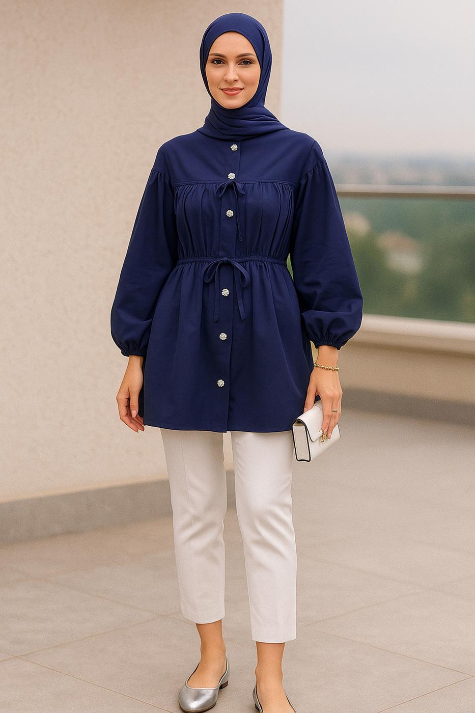 Vêtements hijab BLEU MARINE TUNIQUE CHEMISE DÉTAILLÉE À NOUER T 2522