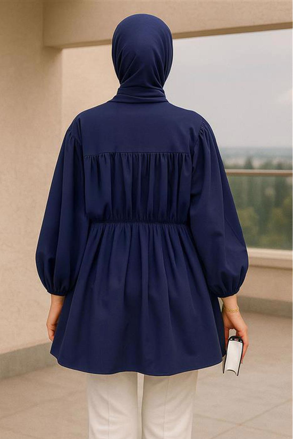 Vêtements hijab BLEU MARINE TUNIQUE CHEMISE DÉTAILLÉE À NOUER T 2522