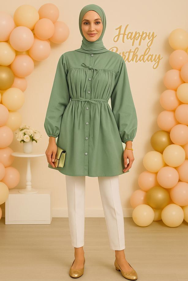 Vêtements hijab VERT TUNIQUE CHEMISE DÉTAILLÉE À NOUER T 2522 - TRENDTESETTÜR