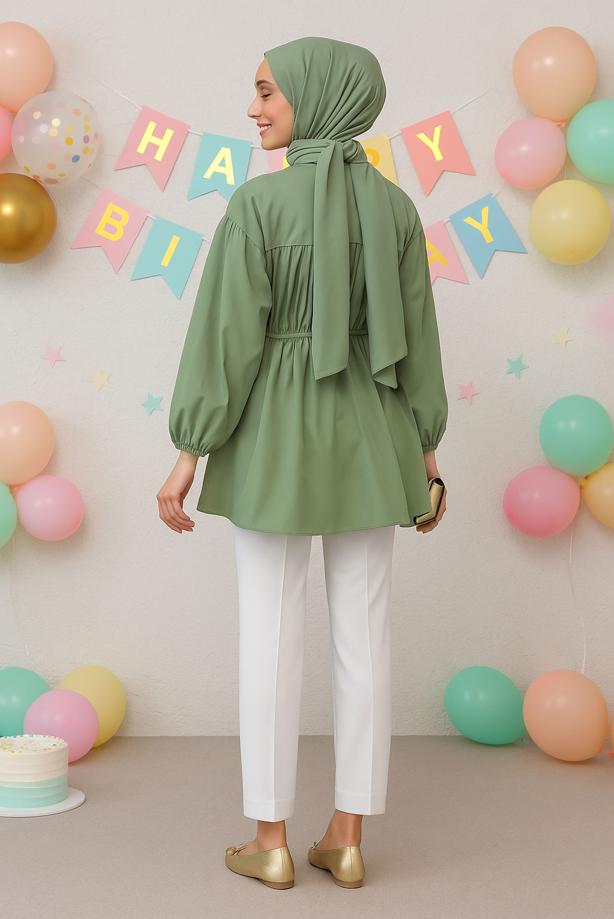 Vêtements hijab VERT TUNIQUE CHEMISE DÉTAILLÉE À NOUER T 2522 - TRENDTESETTÜR
