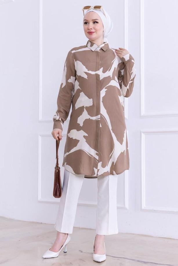 Vêtements hijab BRUN TUNIQUE CHEMISE À MOTIFS T 2773 - TRENDTESETTÜR