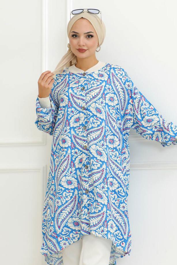 Vêtements hijab BLEU TUNIQUE CHEMISE À MOTIFS T 3058 - TRENDTESETTÜR
