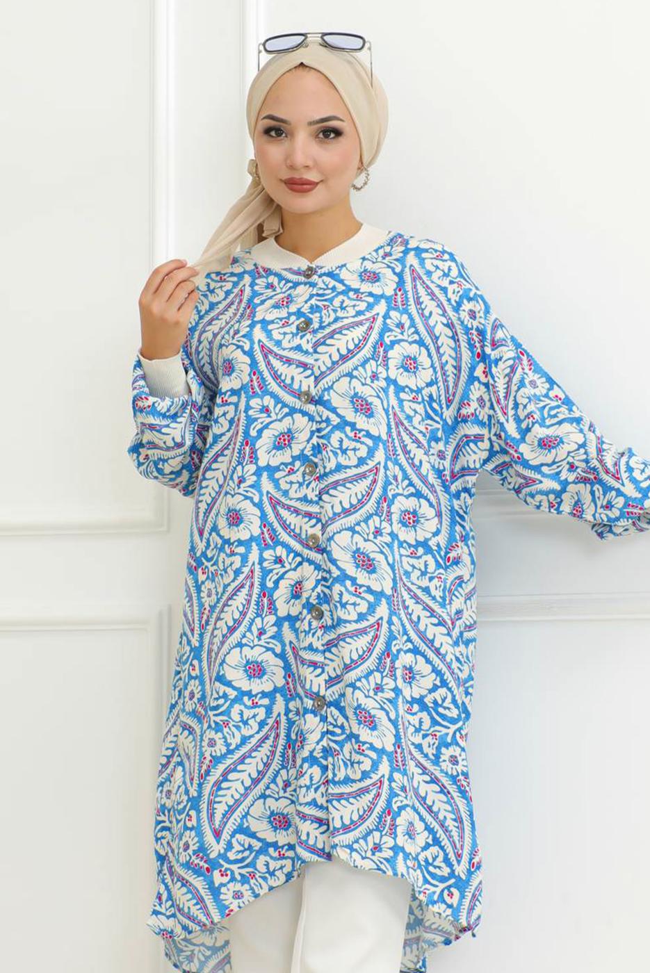 Vêtements hijab BLEU TUNIQUE CHEMISE À MOTIFS T 3058
