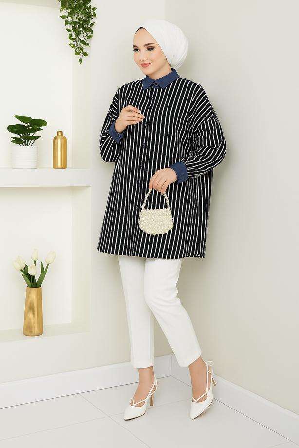 Vêtements hijab NOIR TUNIQUE À RAYURES EN COTON T 3064 - TRENDTESETTÜR
