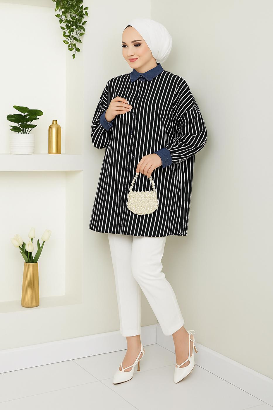 Vêtements hijab NOIR TUNIQUE À RAYURES EN COTON T 3064