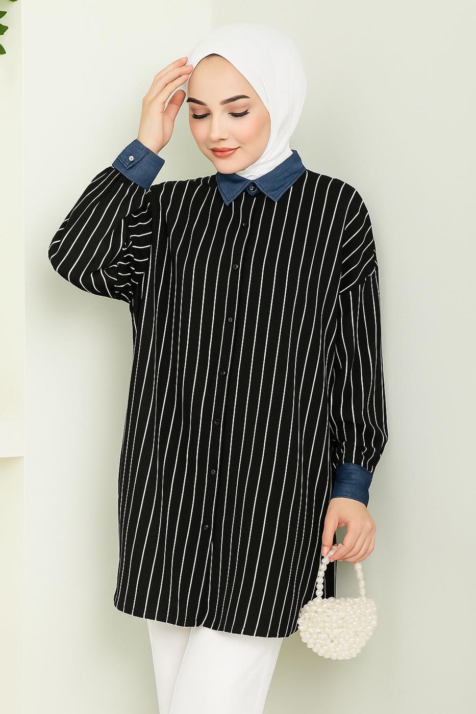 Vêtements hijab NOIR TUNIQUE À RAYURES EN COTON T 3064