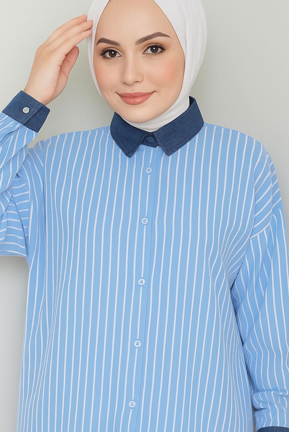 Vêtements hijab BLEU TUNIQUE À RAYURES EN COTON T 3064