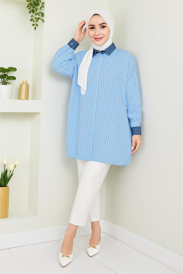 Vêtements hijab BLEU TUNIQUE À RAYURES EN COTON T 3064 - TRENDTESETTÜR