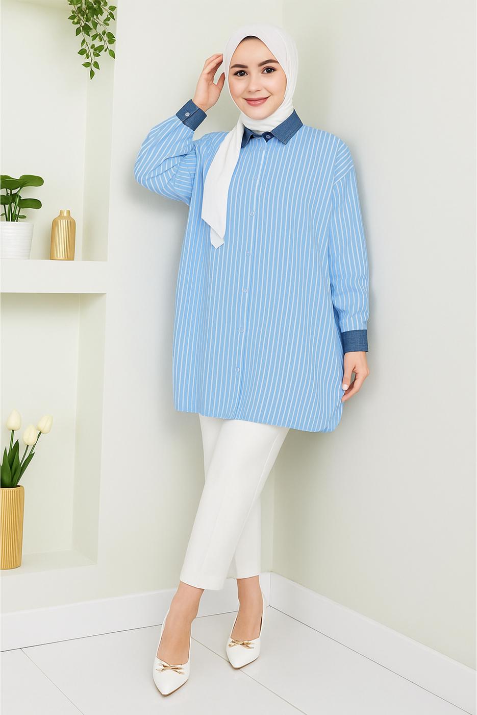 Vêtements hijab BLEU TUNIQUE À RAYURES EN COTON T 3064