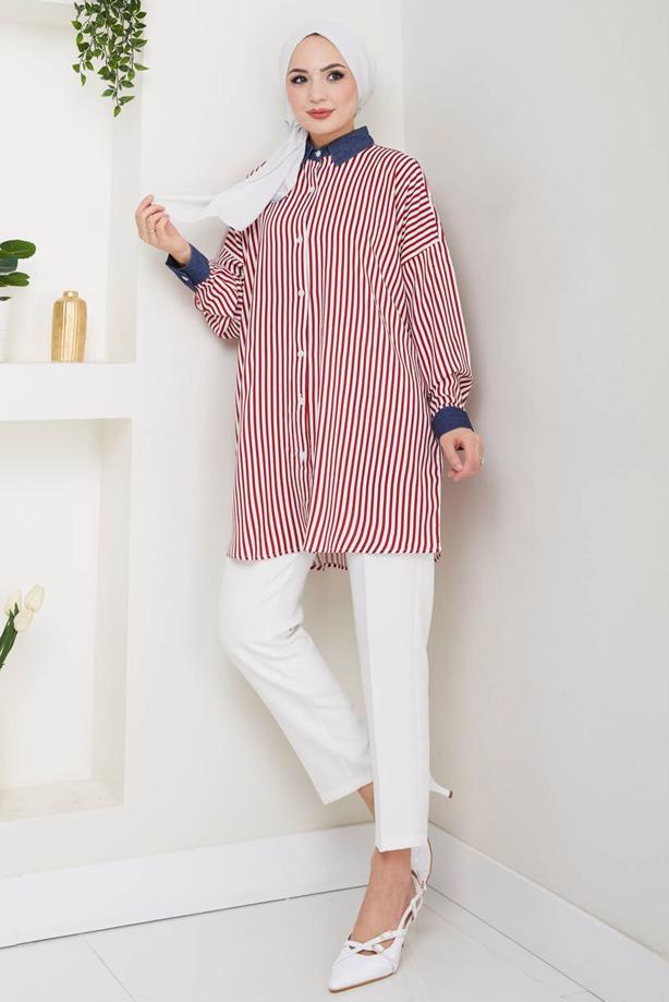 Vêtements hijab ROUGE TUNIQUE À RAYURES EN COTON T 3064 - TRENDTESETTÜR