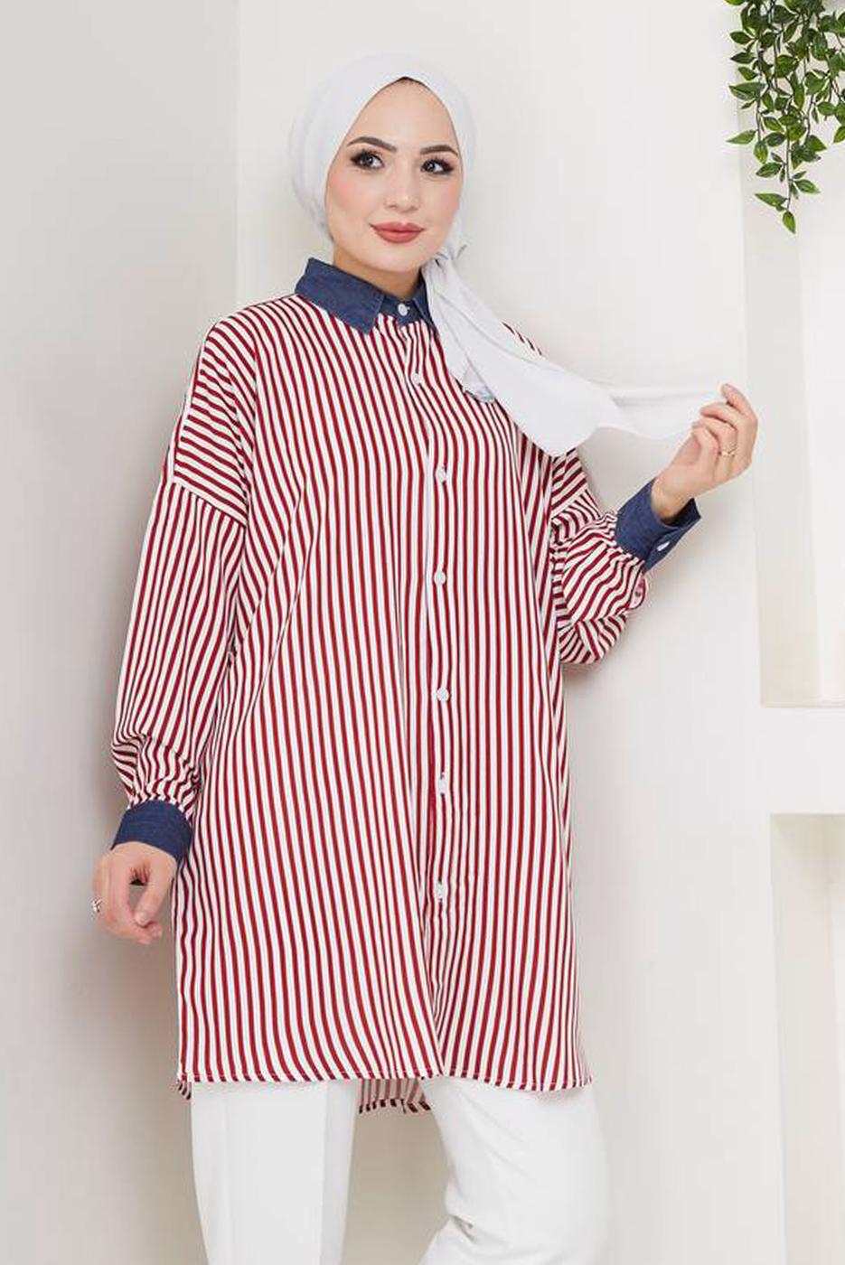 Vêtements hijab ROUGE TUNIQUE À RAYURES EN COTON T 3064