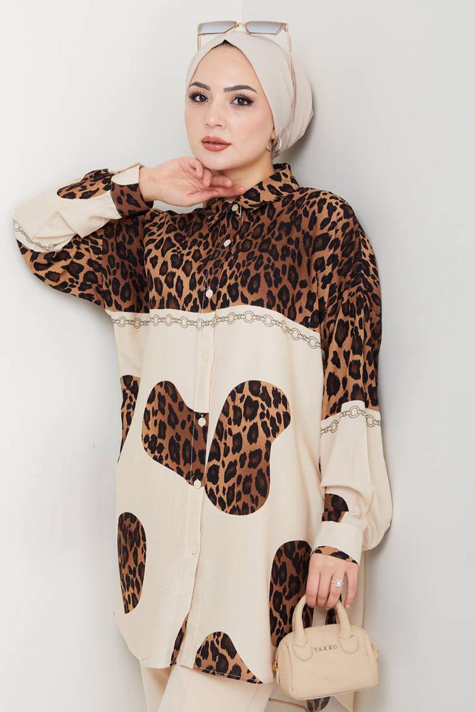 Tesettür giyim KAHVE LEOPAR DESENLİ TUNİK T 3310