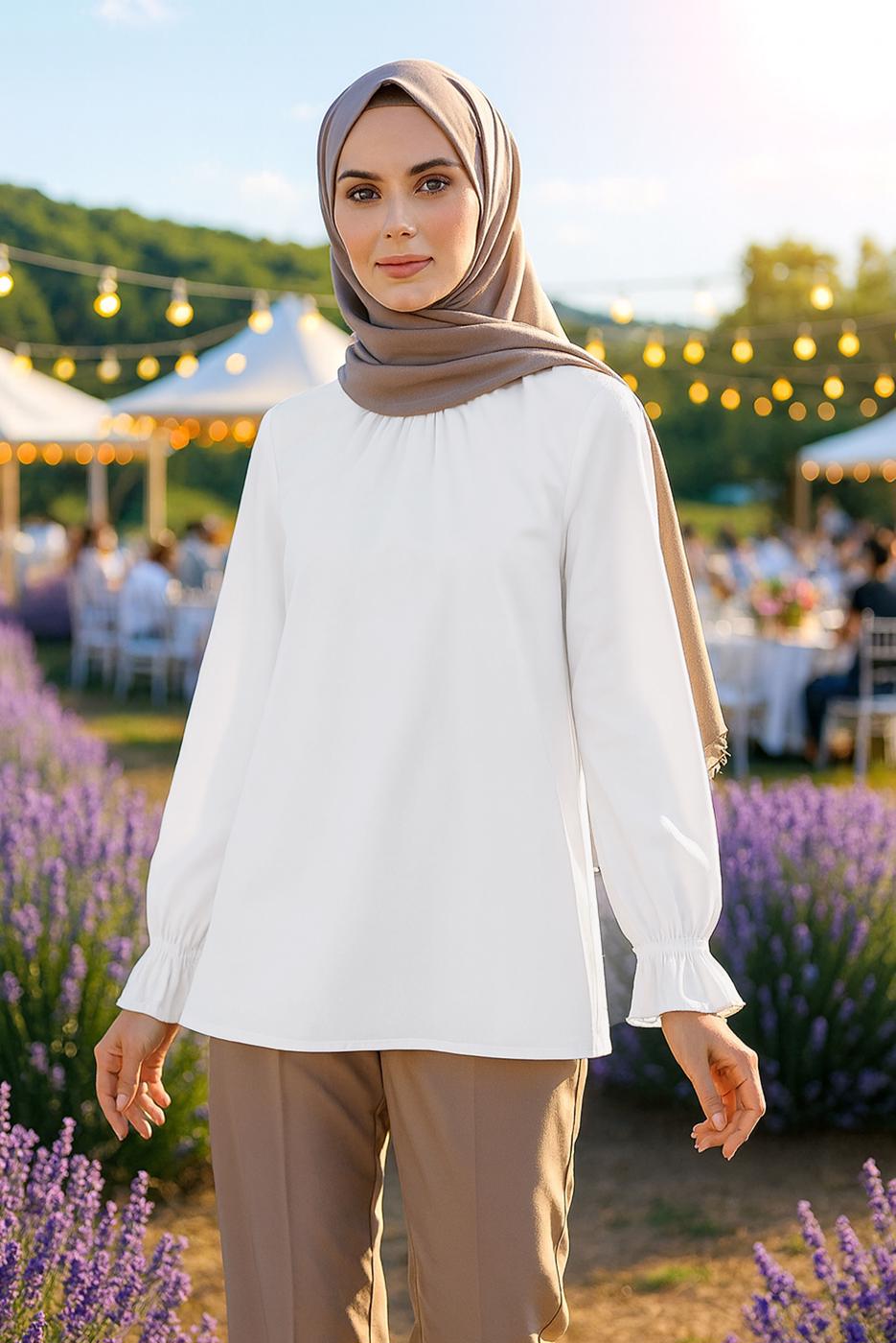 Tesettür giyim BEYAZ MANŞETLERİ LASTİKLİ TUNİK T 3513