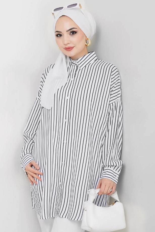 Vêtements hijab NOIR TUNIQUE CHEMISE À RAYURES T 3684 - TRENDTESETTÜR