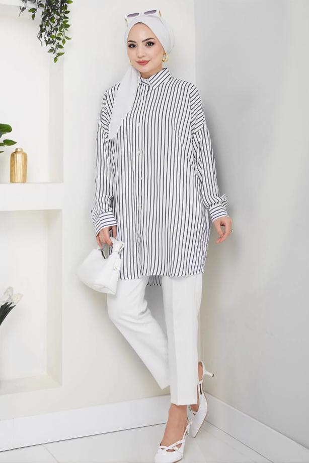 Vêtements hijab NOIR TUNIQUE CHEMISE À RAYURES T 3684 - TRENDTESETTÜR
