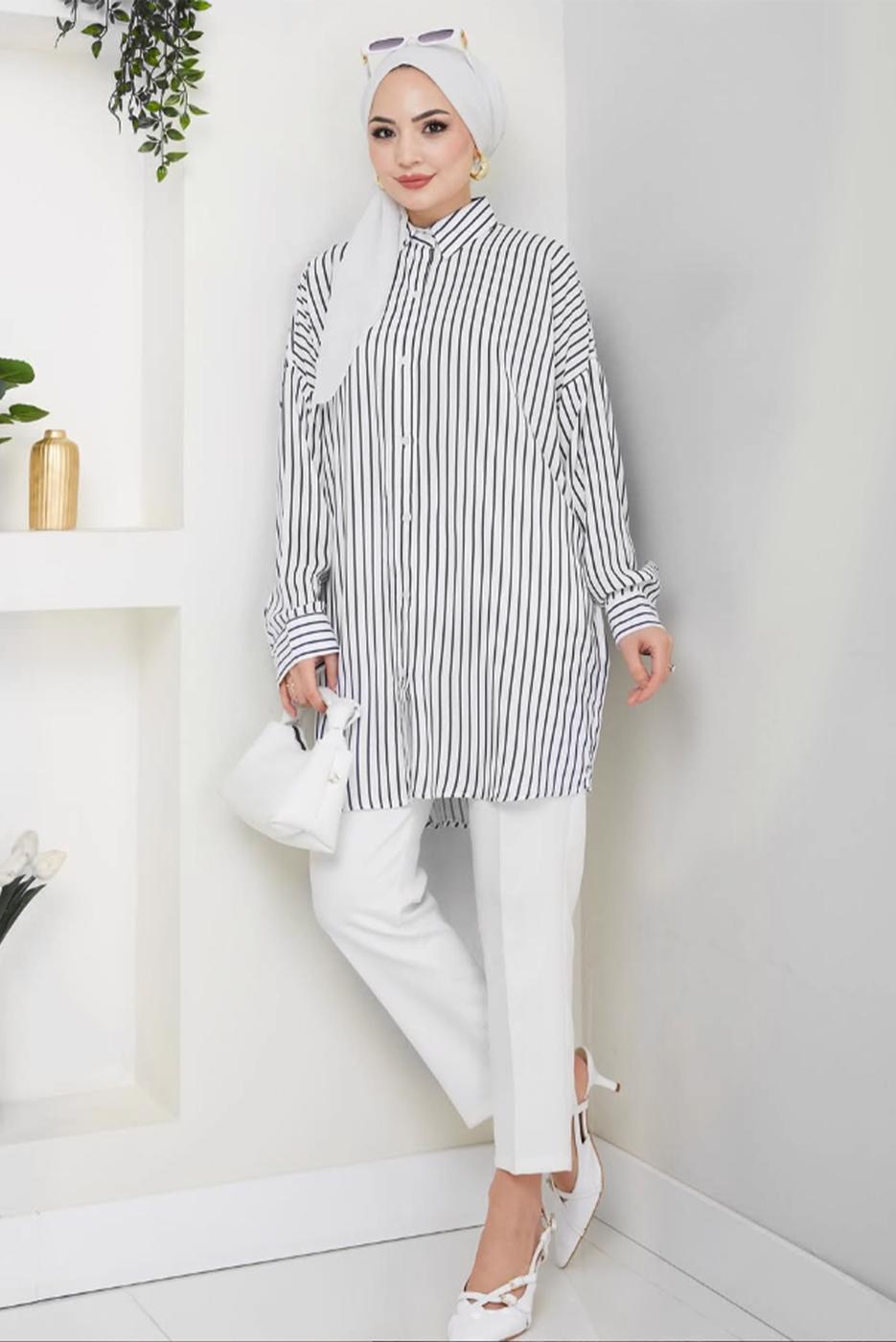 Vêtements hijab NOIR TUNIQUE CHEMISE À RAYURES T 3684