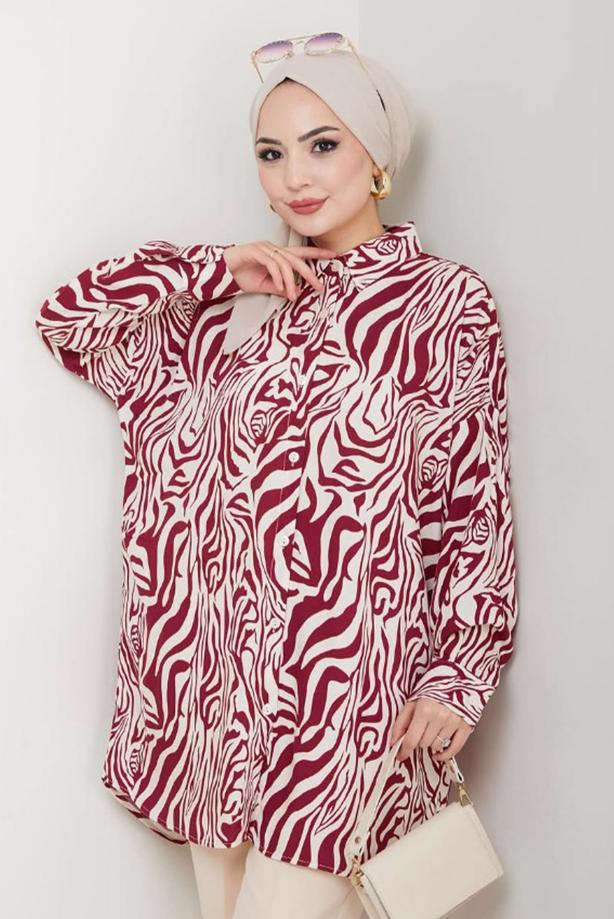 Vêtements hijab ROUGE BORDEAUX TUNIQUE À MOTIFS EN COTON T 4042 - TRENDTESETTÜR