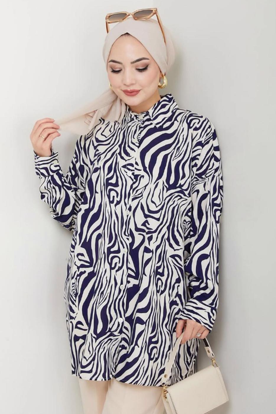 Vêtements hijab BLEU MARINE TUNIQUE À MOTIFS EN COTON T 4042