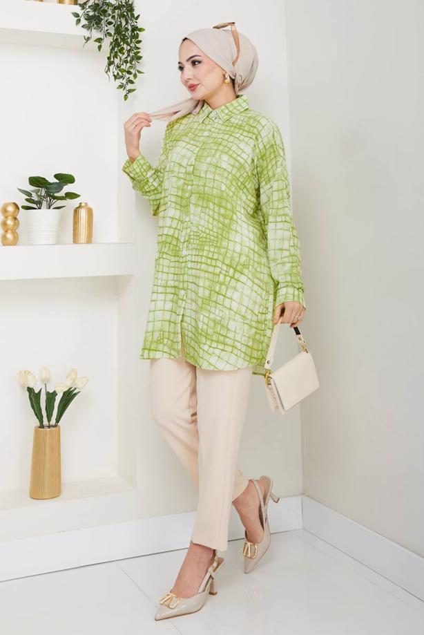 Vêtements hijab VERT TUNIQUE À MOTIFS EN COTON T 4046 - TRENDTESETTÜR