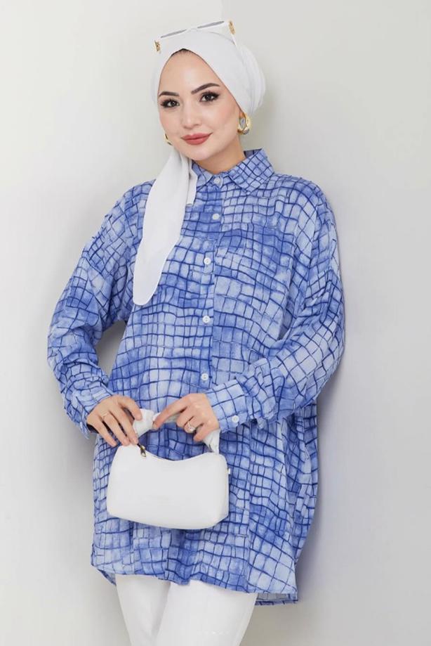 Vêtements hijab BLEU MARINE TUNIQUE À MOTIFS EN COTON T 4046 - TRENDTESETTÜR