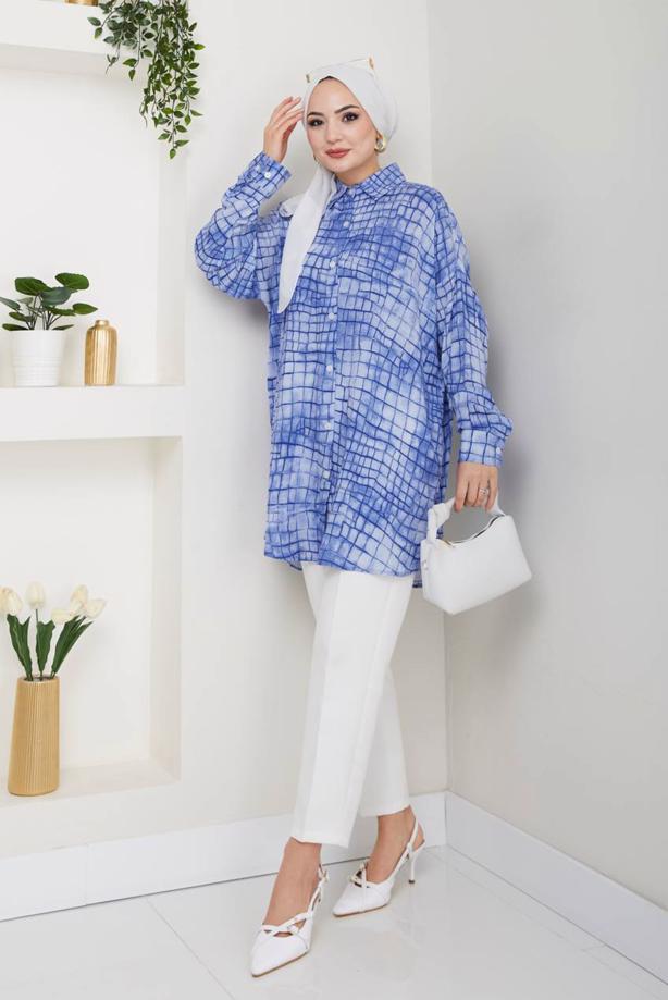 Vêtements hijab BLEU MARINE TUNIQUE À MOTIFS EN COTON T 4046 - TRENDTESETTÜR