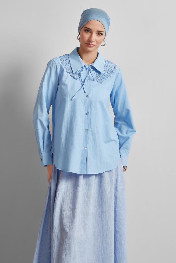 Vêtements hijab BLEU TUNIQUE CHEMISE EN COTON T 4122 - TRENDTESETTÜR