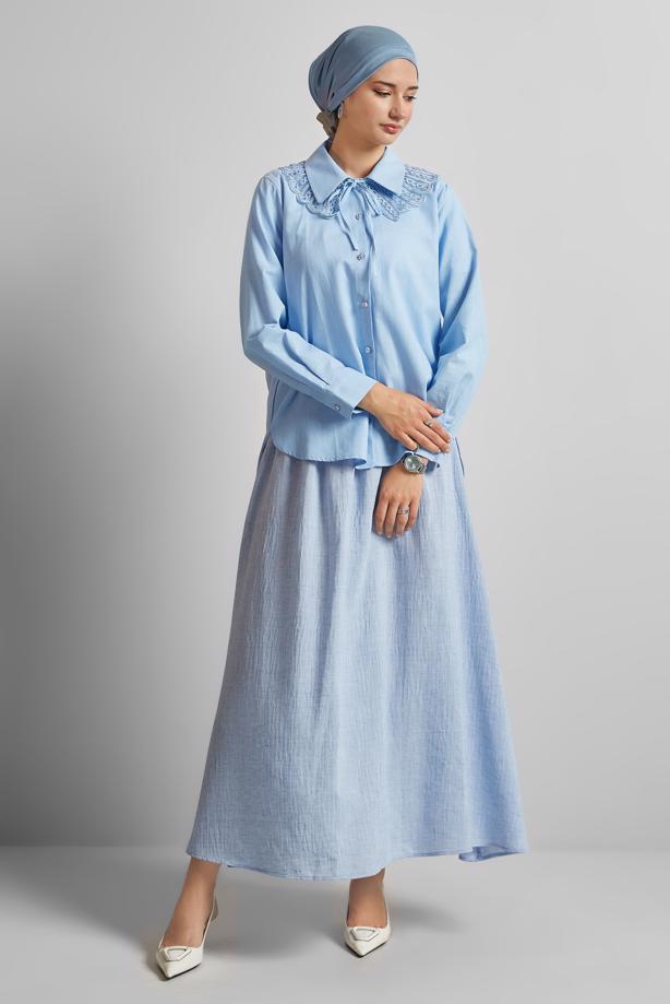 Vêtements hijab BLEU TUNIQUE CHEMISE EN COTON T 4122 - TRENDTESETTÜR
