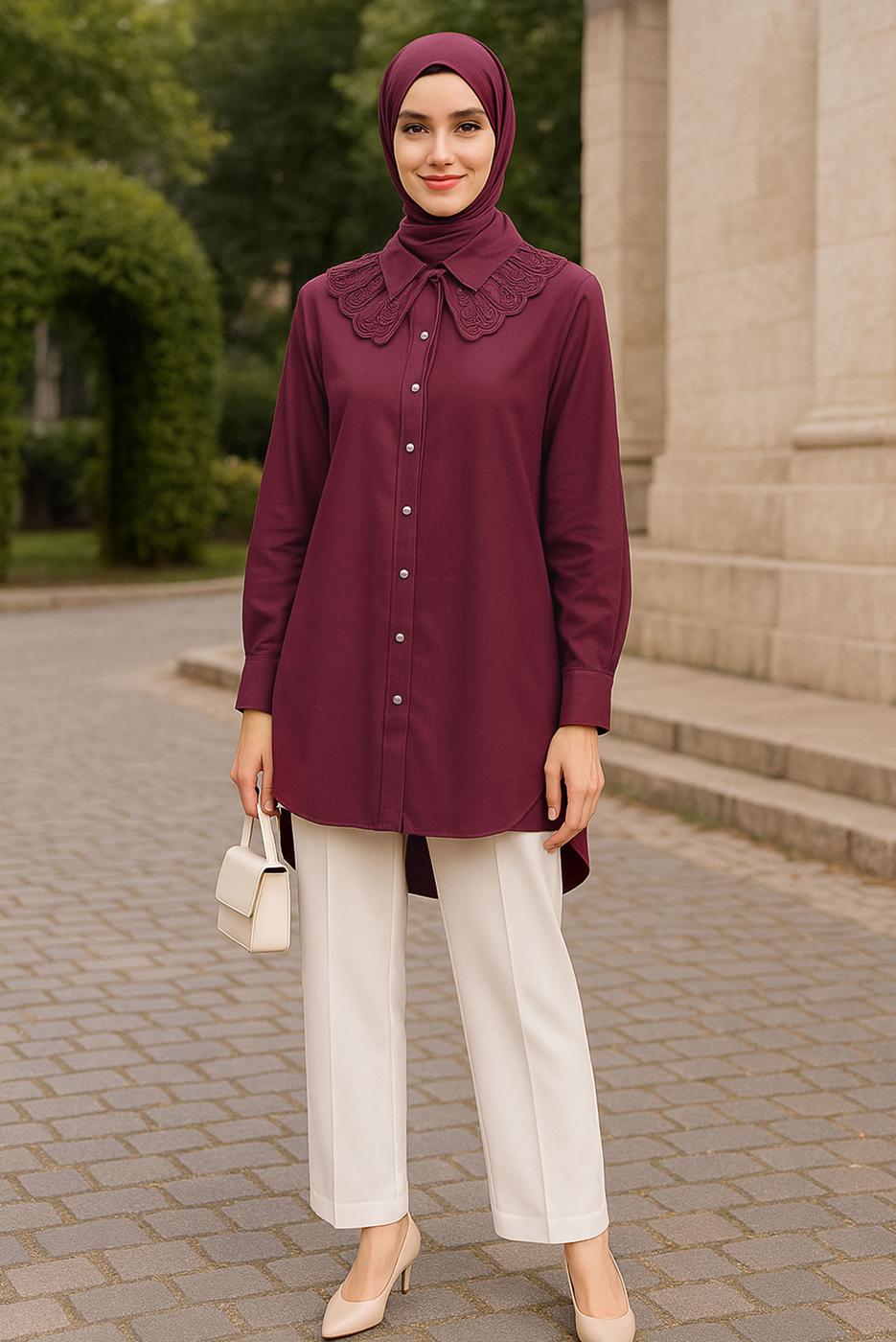 Tesettür giyim BORDO PAMUKLU GÖMLEK TUNİK T 4122
