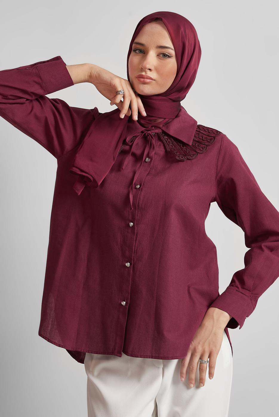 Tesettür giyim BORDO PAMUKLU GÖMLEK TUNİK T 4122